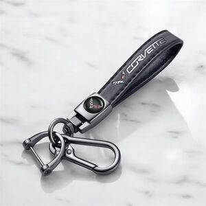 Corvette Car Keychain Genuine Black Leather Key D-Ring Clip Metal Logo Lanyard